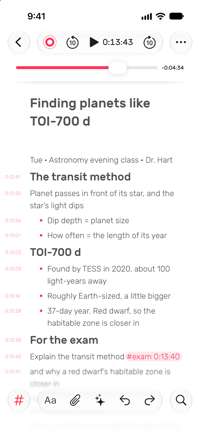 A lecture note in Noted with a timestamp beside every line and an #exam tag at 0:13:40, with the player paused on that moment