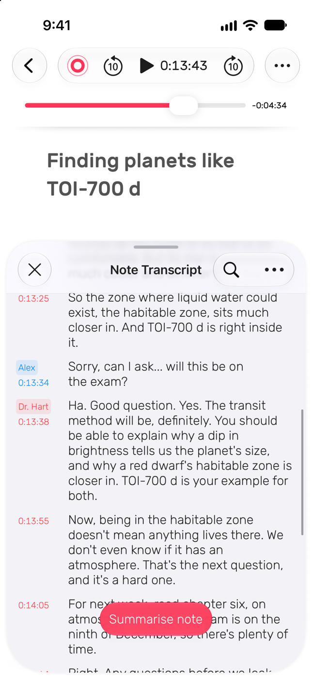 The lecture transcript in Noted, with a student asking “will this be on the exam?” and the lecturer’s answer, each labelled with a speaker and a timestamp